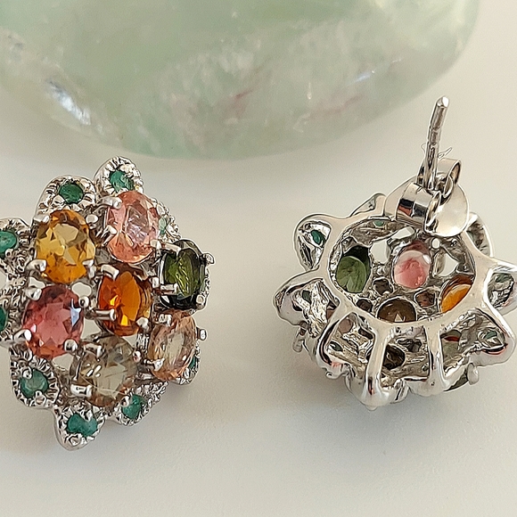 Natural Tourmaline, Emerald 14K White‎ Gold on 925 Sterling Silver Earrings - Picture 4 of 7